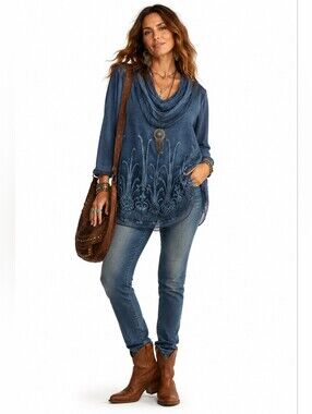 Soft Surroundings Beaux Arts Silk Tunic M Blue Embellished Cowl Neck Boho Hippie
